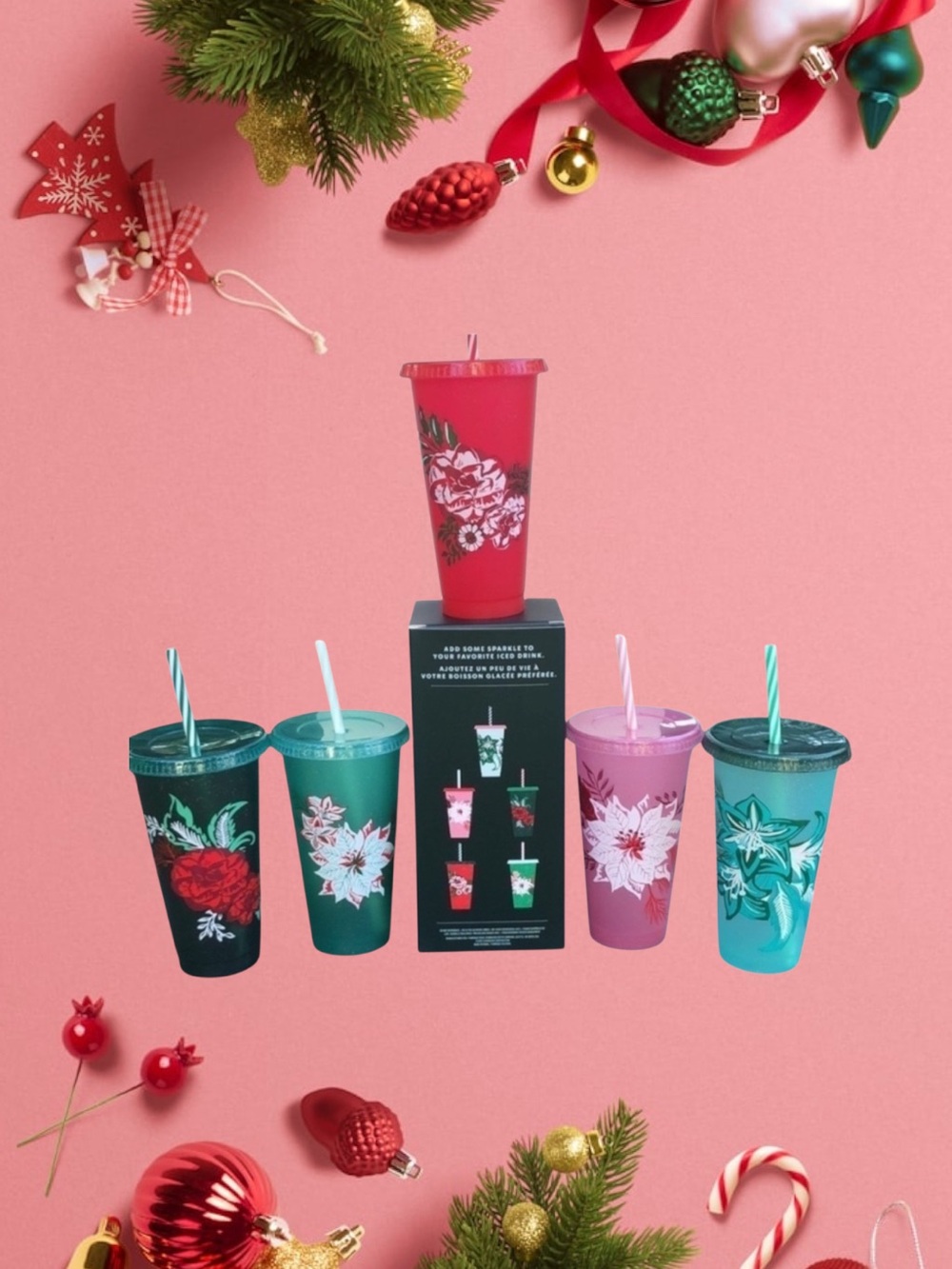 Starbucks Floral Holiday Tumbler Set (5) Reusable 16oz Cups, Lids and Straws